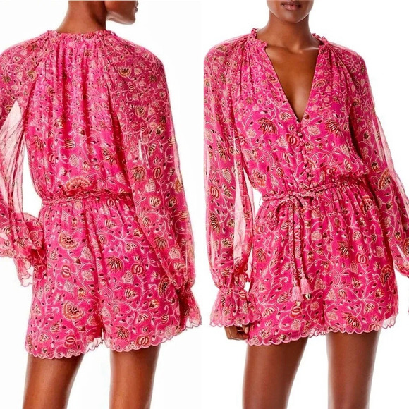Hemant and Nandita Nara Tulip Pink Floral Romper Playsuit Long Sleeve.over-Up XS - Picture 14 of 14